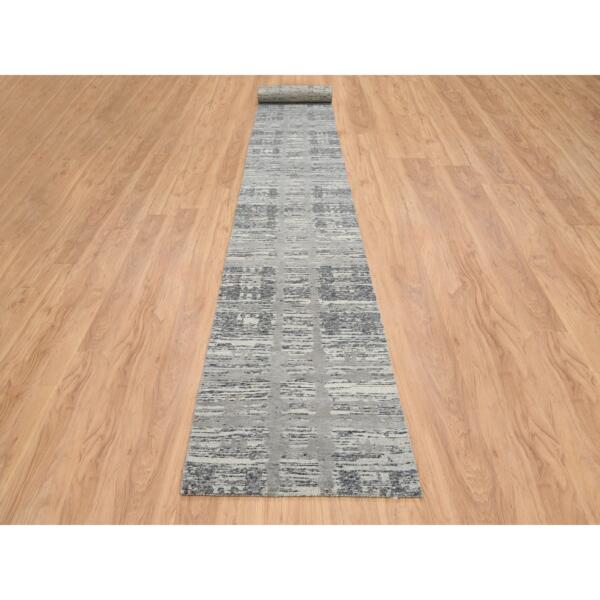 2'7"x23'8" Light Gray, Hand Spun Undyed Natural Wool, Hand Knotted, Modern Design, XL Runner Oriental Rug  - 64696 - Image 3