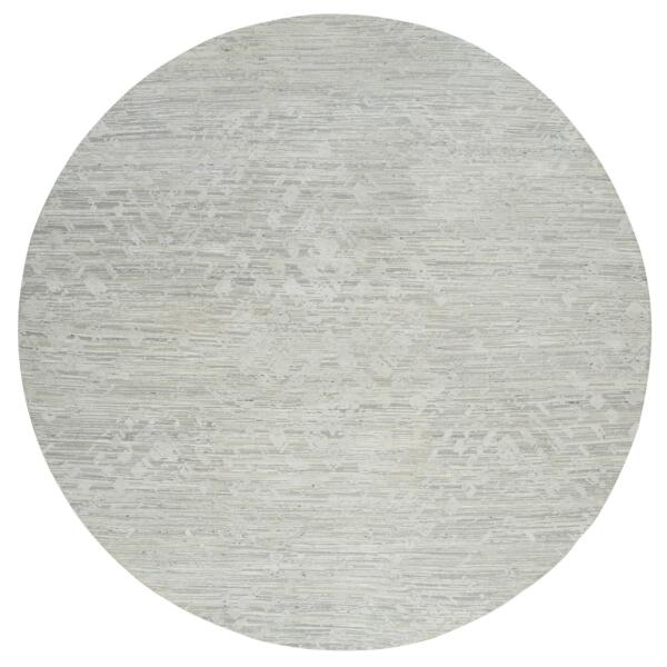 13'8"x13'8" Light Gray, Hand Spun Undyed Natural Wool, Hand Knotted, Modern Design, Round Oriental Rug  - 64698