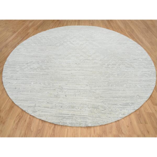 13'8"x13'8" Light Gray, Hand Spun Undyed Natural Wool, Hand Knotted, Modern Design, Round Oriental Rug  - 64698 - Image 4