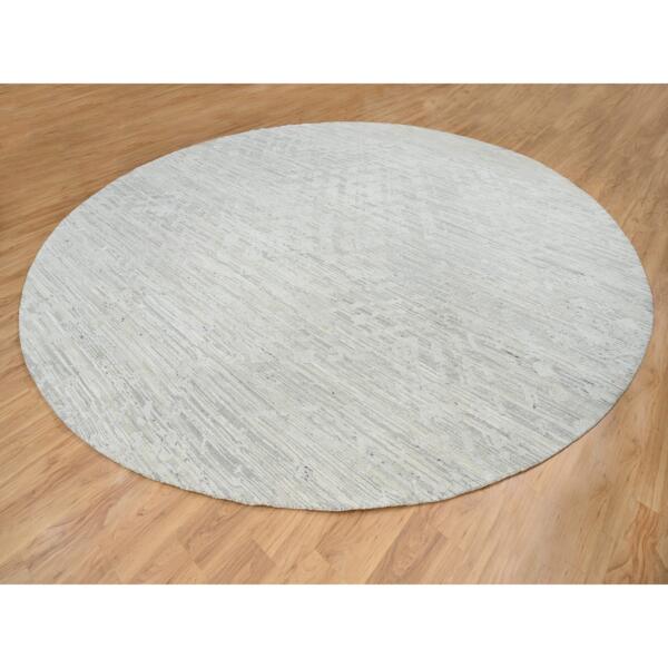 13'8"x13'8" Light Gray, Hand Spun Undyed Natural Wool, Hand Knotted, Modern Design, Round Oriental Rug  - 64698 - Image 5