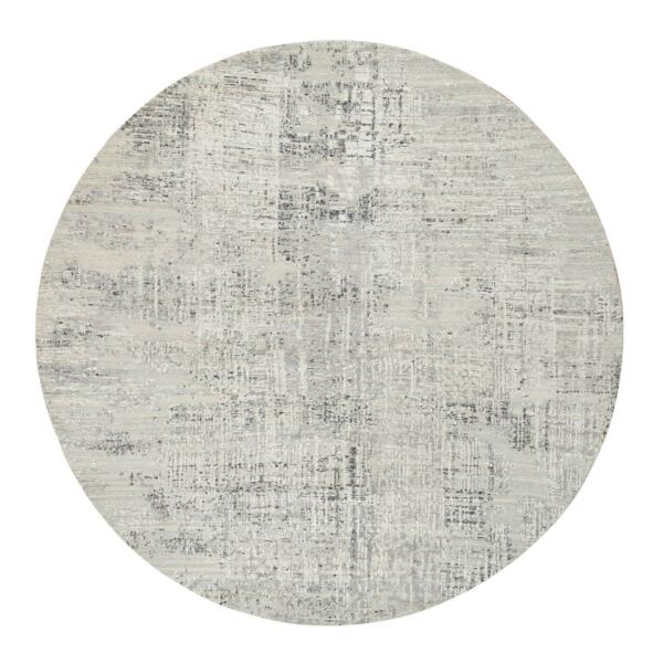 7'10"x7'10" Light Gray, Hand Spun Undyed Natural Wool, Hand Knotted, Modern Design, Round Oriental Rug  - 64700