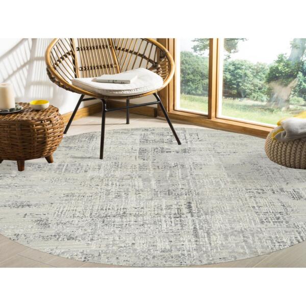 7'10"x7'10" Light Gray, Hand Spun Undyed Natural Wool, Hand Knotted, Modern Design, Round Oriental Rug  - 64700 - Image 3