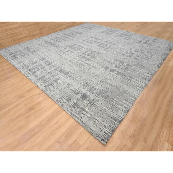 14'x14' Light Gray, Modern Design, Hand Spun Undyed Natural Wool, Hand Knotted, Square Oriental Rug  - 64710 - Image 4