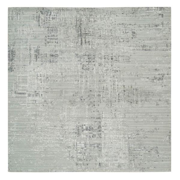 9'10"x10' Light Gray, Modern Design, Hand Spun Undyed Natural Wool, Hand Knotted, Square Oriental Rug  - 65151