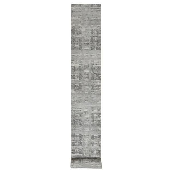 2'6"x25'9" Light Gray, Hand Knotted, Modern Design, Hand Spun Undyed Natural Wool, XL Runner Oriental Rug  - 65157