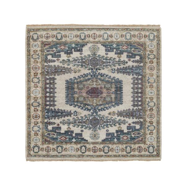 5'x5' Ivory with Soft Tones, Persian Viss Design Reimagined Plush and Lush, Soft Pile Pure Wool Hand Knotted, Square Oriental Rug  - 65208