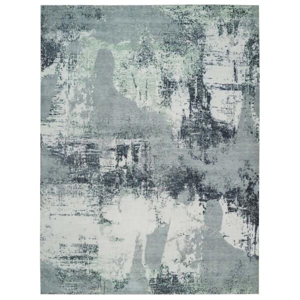 9'1"x12' Ash Gray, Modern Abstract Design, Dense Weave Soft Pile, Pure Wool Hand Knotted, Oriental Rug  - 65223