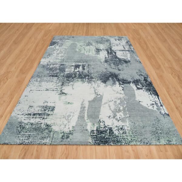 9'1"x12' Ash Gray, Modern Abstract Design, Dense Weave Soft Pile, Pure Wool Hand Knotted, Oriental Rug  - 65223 - Image 4