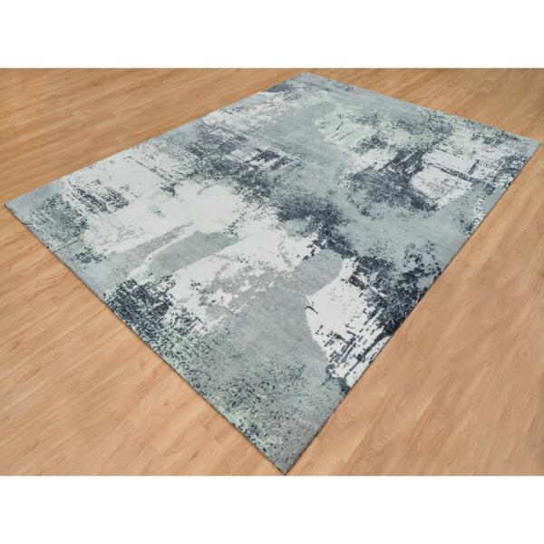 9'1"x12' Ash Gray, Modern Abstract Design, Dense Weave Soft Pile, Pure Wool Hand Knotted, Oriental Rug  - 65223 - Image 5