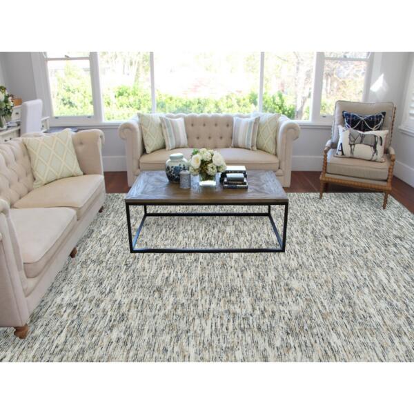 8'3"x10' Earth Tone Colors, Pure Wool, Hand Loomed, Modern Striae Design, Soft to the Touch Oriental Rug  - 65233 - Image 3