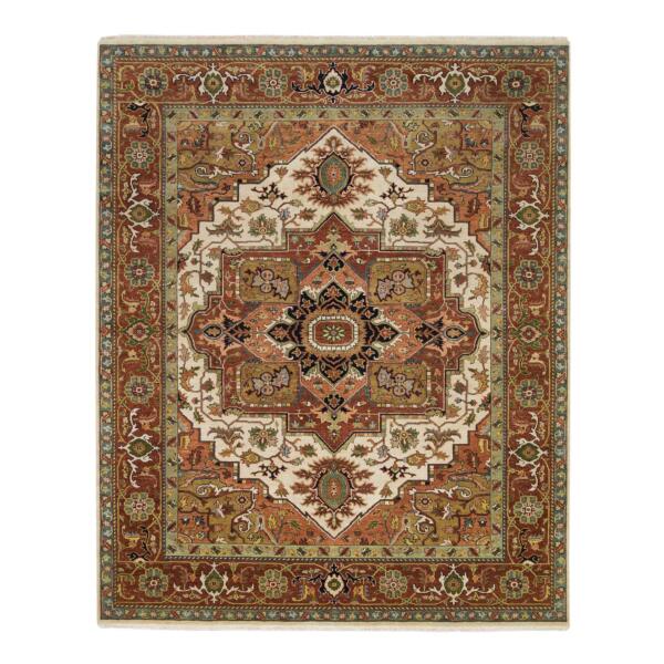 7'10"x9'10" Ivory and Rust, Heriz with Classic Geometric Medallion Design, Thick and Plush, Hand Knotted, Pure Wool, Oriental Rug  - 65262