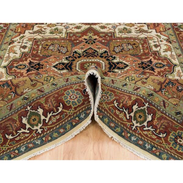 7'10"x9'10" Ivory and Rust, Heriz with Classic Geometric Medallion Design, Thick and Plush, Hand Knotted, Pure Wool, Oriental Rug  - 65262 - Image 7