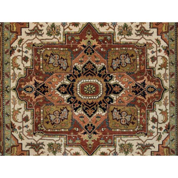 7'10"x9'10" Ivory and Rust, Heriz with Classic Geometric Medallion Design, Thick and Plush, Hand Knotted, Pure Wool, Oriental Rug  - 65262 - Image 10