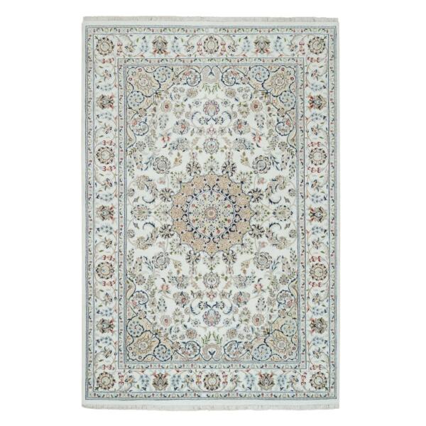 5'10"x9'1" Ivory, Hand Knotted Nain with Center Medallion Flower Design, 250 KPSI 100% Wool, Oriental Rug  - 65285