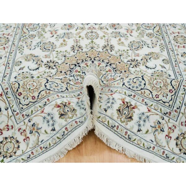 5'10"x9'1" Ivory, Hand Knotted Nain with Center Medallion Flower Design, 250 KPSI 100% Wool, Oriental Rug  - 65285 - Image 6