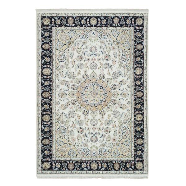 5'10"x9'1" Ivory, Natural Wool Hand Knotted, Nain with Center Medallion Flower Design, 250 KPSI Densely Woven, Oriental Rug  - 65288