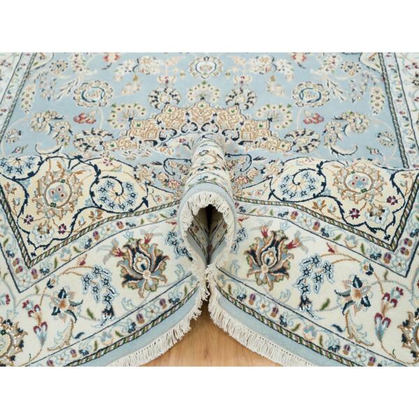 5'10"x9'1" Light Blue, Extra Soft Wool Hand Knotted, Nain with Center Medallion Flower Design 250 KPSI, Oriental Rug  - 65299 - Image 6