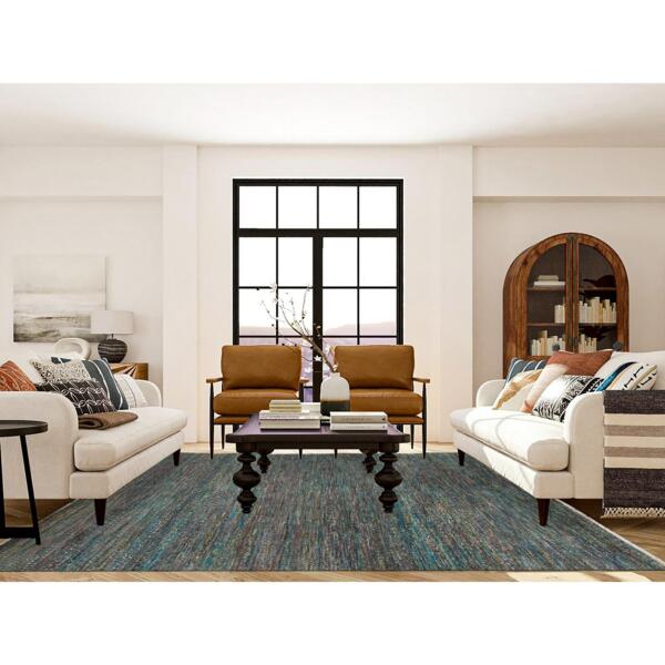 8'x10'2" Colorful, Modern Striae Design Soft Pile, Wool and Sari Silk Hand Knotted, Oriental Rug  - 65415 - Image 3