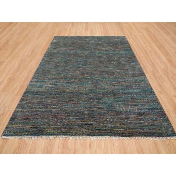 8'x10'2" Colorful, Modern Striae Design Soft Pile, Wool and Sari Silk Hand Knotted, Oriental Rug  - 65415 - Image 4