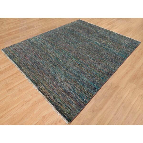 8'x10'2" Colorful, Modern Striae Design Soft Pile, Wool and Sari Silk Hand Knotted, Oriental Rug  - 65415 - Image 5