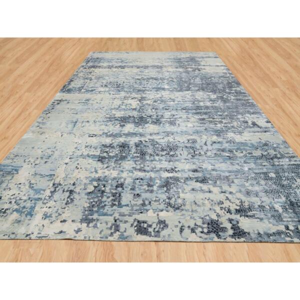 14'x20' Blue and Gray, Modern Abstract with Mosaic Design, Wool and Silk Hand Knotted, Oversized Oriental Rug  - 65448 - Image 3