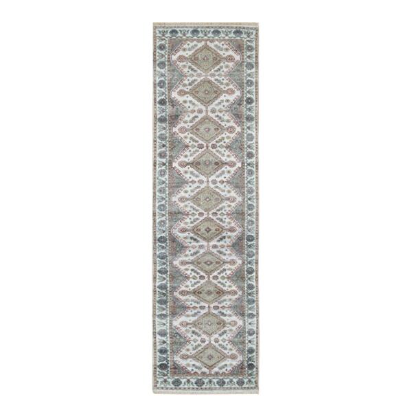 2'7"x9'9" Ivory, Natural Wool, Shiraz Reimagined Unique Flower Rosettes Border Design, Runner, Hand Knotted, Sustainable Oriental Rug  - 65574