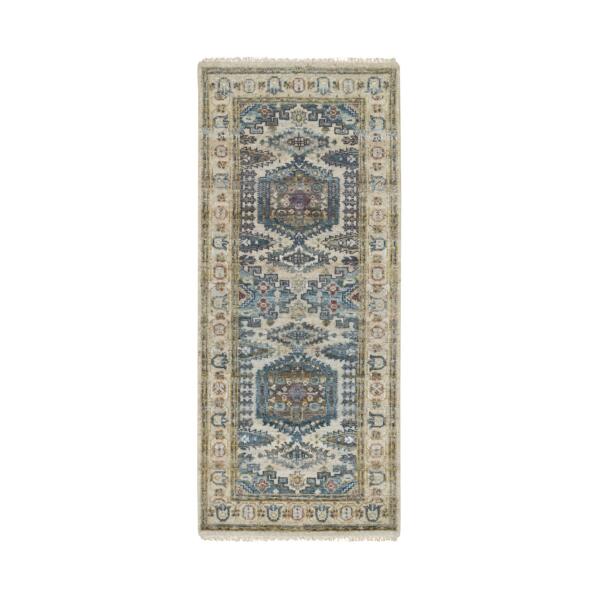 2'7"x6' Ivory with Soft Tones, Hand Knotted, Plush and Lush, Pure Wool, Reimagined Persian Viss Design, Runner, Oriental Rug  - 65579