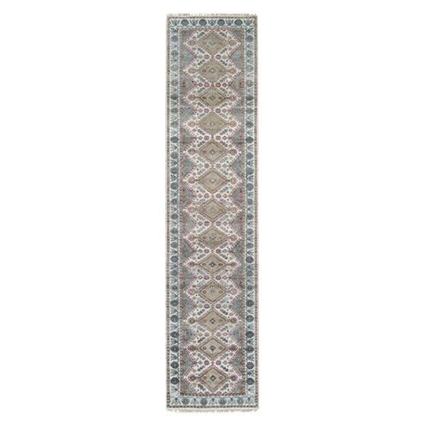 2'9"x11'10" Ivory, Shiraz Reimagined Unique Flower Rosettes Border Design, Soft Pile, Soft Wool Hand Knotted, Tone on Tone, Runner Sustainable Oriental Rug  - 65583