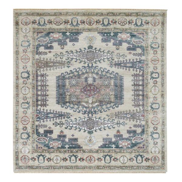 7'8"x8'2" Ivory with Soft Tones, Hand Knotted, Reimagined Persian Viss Design, Square Plush and Lush, Soft Pile, Natural Wool, Oriental Rug  - 65585
