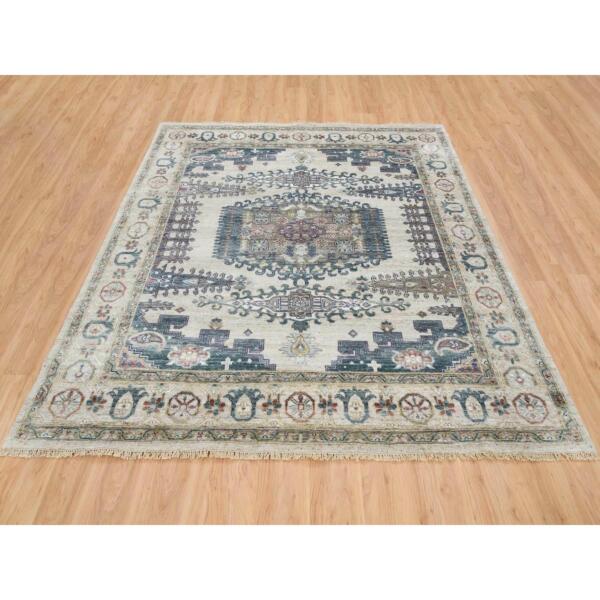 7'8"x8'2" Ivory with Soft Tones, Hand Knotted, Reimagined Persian Viss Design, Square Plush and Lush, Soft Pile, Natural Wool, Oriental Rug  - 65585 - Image 3