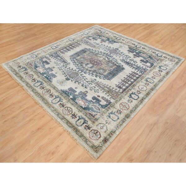 7'8"x8'2" Ivory with Soft Tones, Hand Knotted, Reimagined Persian Viss Design, Square Plush and Lush, Soft Pile, Natural Wool, Oriental Rug  - 65585 - Image 4