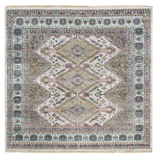 6'1"x6' Ivory, Shiraz Reimagined Unique Flower Rosettes Border Design, Thick and Plush Soft Pile, Natural Wool, Hand Knotted, Square Sustainable Oriental Rug  - 65597