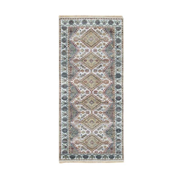 2'7"x6' Ivory, Pure Wool Hand Knotted, Shiraz Reimagined, Thick and Lush, Unique Flower Rosettes Border Design, Runner Sustainable Oriental Rug  - 65599