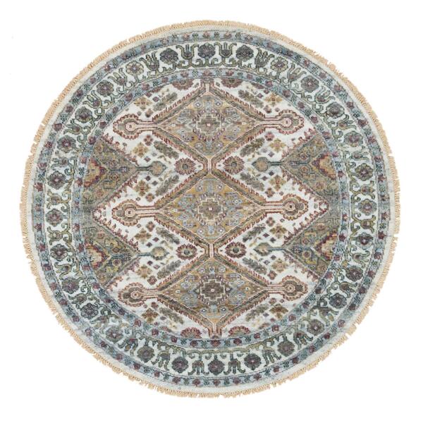 5'x5' Ivory, Pure Wool Hand Knotted, Shiraz Reimagined, Thick and Lush, Unique Flower Rosettes Border Design, Round Sustainable Oriental Rug  - 65616