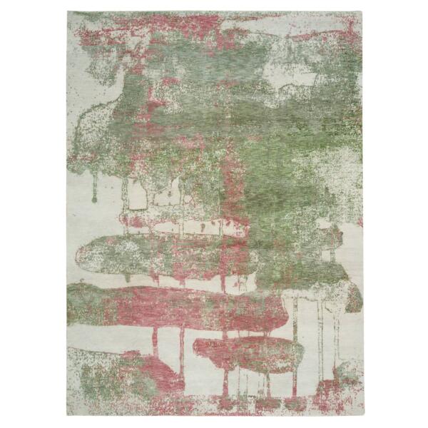 9'x11'10" Spring Green, All Wool, Thick and Plush, Tone on Tone, Hand Knotted, Pastel Colors Dripping Clouds Design, Modern Rug  - 65623