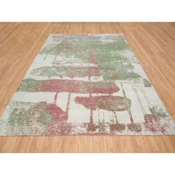 9'x11'10" Spring Green, All Wool, Thick and Plush, Tone on Tone, Hand Knotted, Pastel Colors Dripping Clouds Design, Modern Rug  - 65623 - Image 4