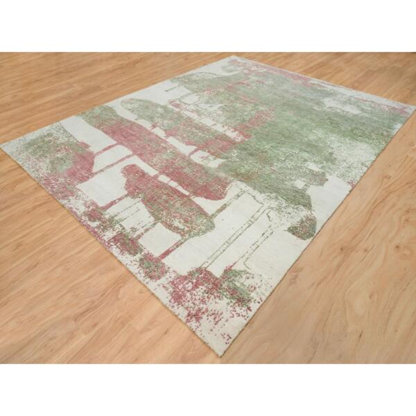 9'x11'10" Spring Green, All Wool, Thick and Plush, Tone on Tone, Hand Knotted, Pastel Colors Dripping Clouds Design, Modern Rug  - 65623 - Image 5