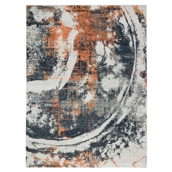 9'3"x11'9" Black and Orange, Soft and Luxurious, Abstract with Curvilinear Motif, All Wool, Tone on Tone, Hand Knotted , Dense Weave, Modern Rug  - 65624