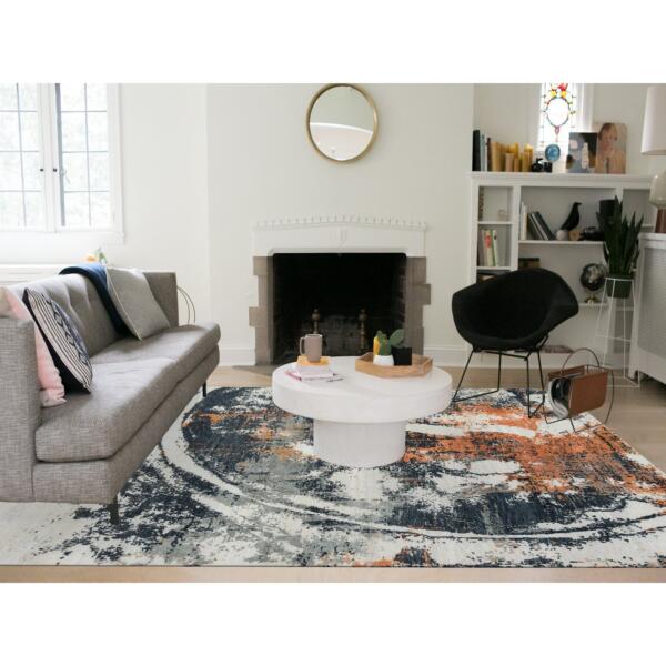 9'3"x11'9" Black and Orange, Soft and Luxurious, Abstract with Curvilinear Motif, All Wool, Tone on Tone, Hand Knotted , Dense Weave, Modern Rug  - 65624 - Image 3