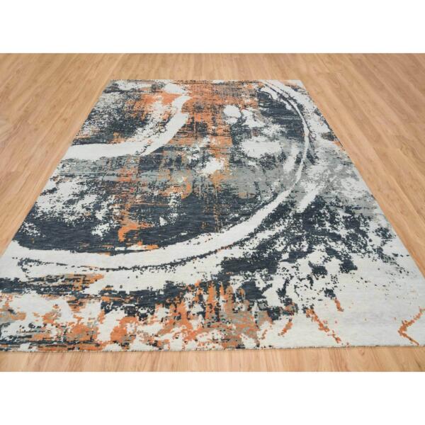 9'3"x11'9" Black and Orange, Soft and Luxurious, Abstract with Curvilinear Motif, All Wool, Tone on Tone, Hand Knotted , Dense Weave, Modern Rug  - 65624 - Image 4