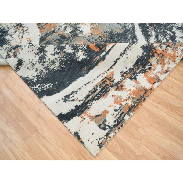 9'3"x11'9" Black and Orange, Soft and Luxurious, Abstract with Curvilinear Motif, All Wool, Tone on Tone, Hand Knotted , Dense Weave, Modern Rug  - 65624 - Image 8