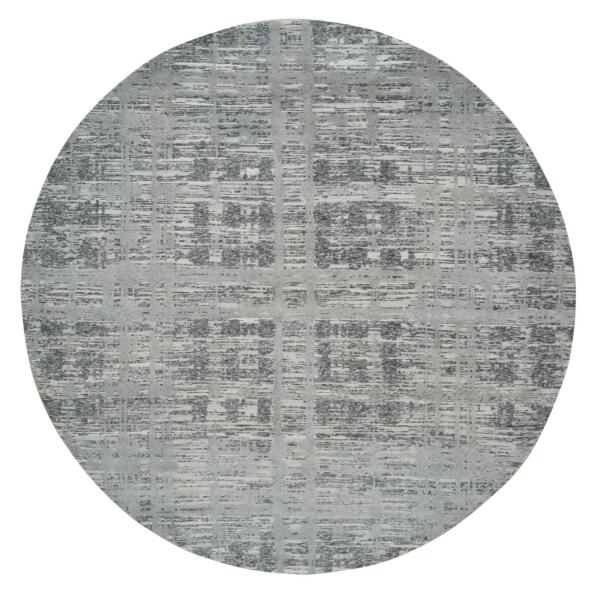 10'1"x10'1" Dark Grey, Hand Spun Undyed Natural Wool, Hand Knotted, Modern Design, Round Oriental Rug  - 65640