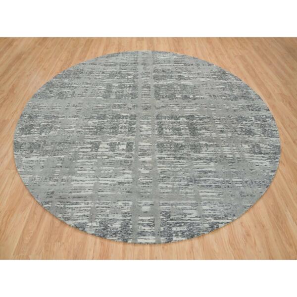 10'1"x10'1" Dark Grey, Hand Spun Undyed Natural Wool, Hand Knotted, Modern Design, Round Oriental Rug  - 65640 - Image 3