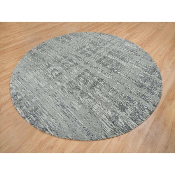 10'1"x10'1" Dark Grey, Hand Spun Undyed Natural Wool, Hand Knotted, Modern Design, Round Oriental Rug  - 65640 - Image 4