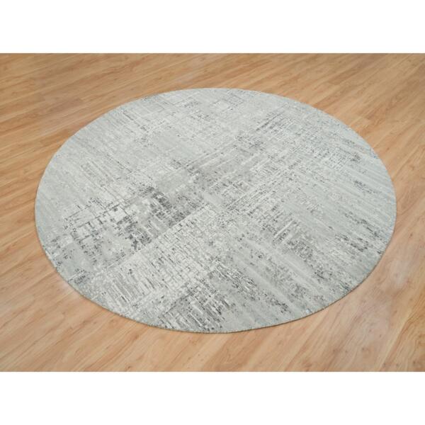 9'x9' Light Gray, Hand Spun Undyed Natural Wool, Modern Design, Hand Knotted, Round Oriental Rug  - 65641 - Image 4