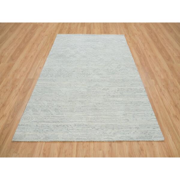 6'x9'3" Ivory and Light Grey, Modern Pattern, Hand Spun Undyed Natural Wool, Hand Knotted, Oriental Rug  - 65642 - Image 3