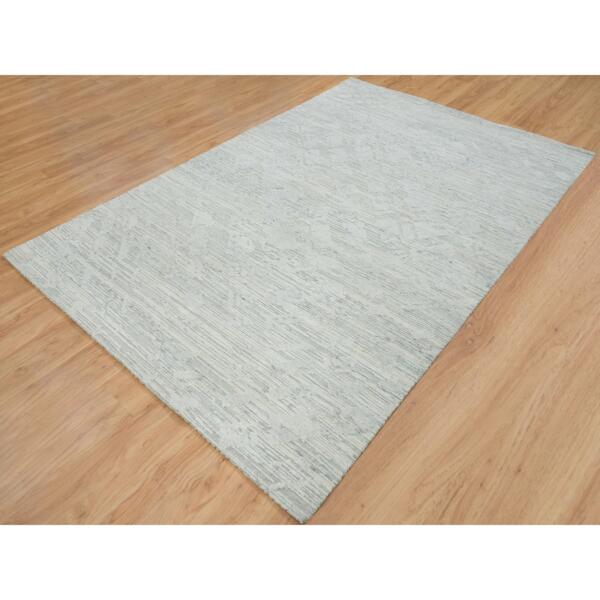 6'x9'3" Ivory and Light Grey, Modern Pattern, Hand Spun Undyed Natural Wool, Hand Knotted, Oriental Rug  - 65642 - Image 4