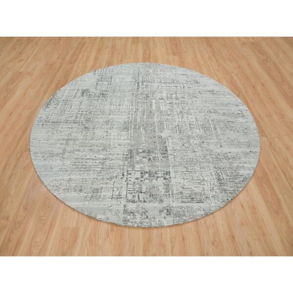 8'1"x8'1" Light Gray, Hand Spun Undyed Natural Wool, Modern Design, Hand Knotted, Round Oriental Rug  - 65647 - Image 3