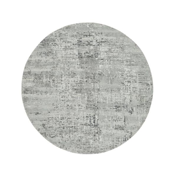 4'10"x4'10" Light Gray, Modern Design, Hand Knotted, Hand Spun Undyed Natural Wool, Soft pile, Round Oriental Rug  - 65651