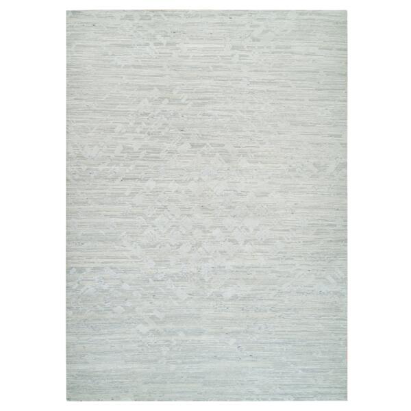 10'x13'10" Ivory and Light Grey, Hand Spun Undyed Natural Wool, Modern Design, Hand Knotted, Oriental Rug  - 65655